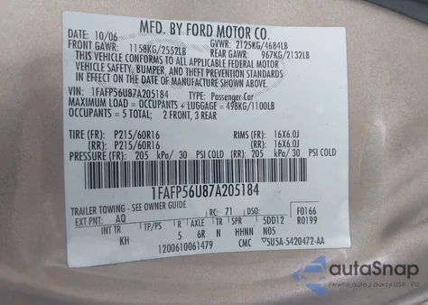 2007 Ford Taurus Sel из США, поврежденный, VIN 1FAFP56U87A205184